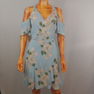 PRIVACY PLEASE | delta blue floral wrap dress new